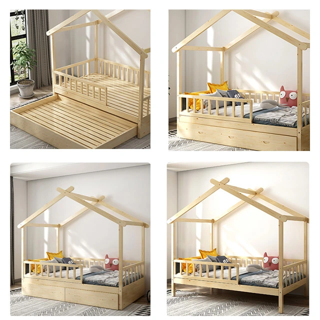 High quality/High cost performance Competitive Price Full Size Kids Baby House Bed Pine Wood Roof and Guardrails