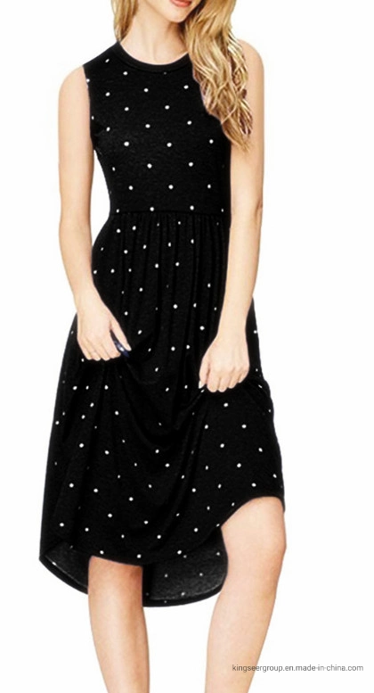 Fashion Hot Sale Lady Skirt Printing Dots Round Neck Casual Women Long Dress