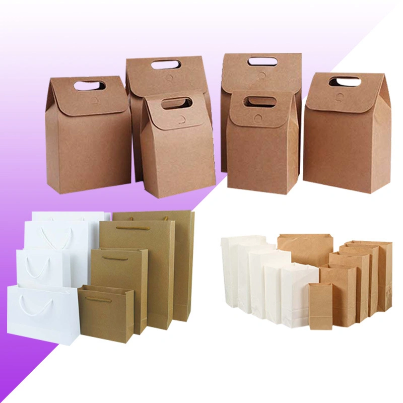 FSC Zertifikat biologisch abbaubar Einkaufen Benutzerdefinierte Geschenk Brot Verpackung Lebensmittel farbig Recycelbare Stärke Brown White Kraftpapier Tasche mit Griffen