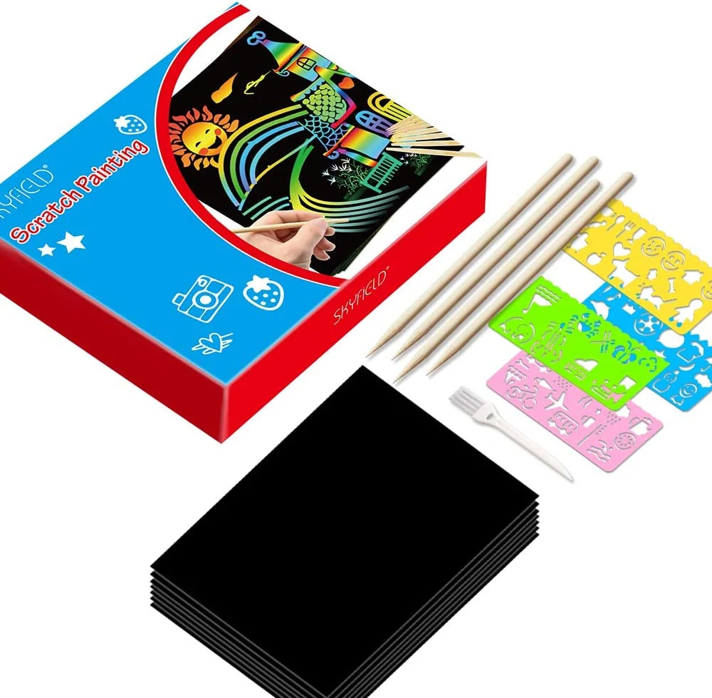 100 hojas de papel de arcoiris Scratch Art Set con 10 Lápiz de madera y 4 plantillas para niños bricolaje de Navidad Artesanía