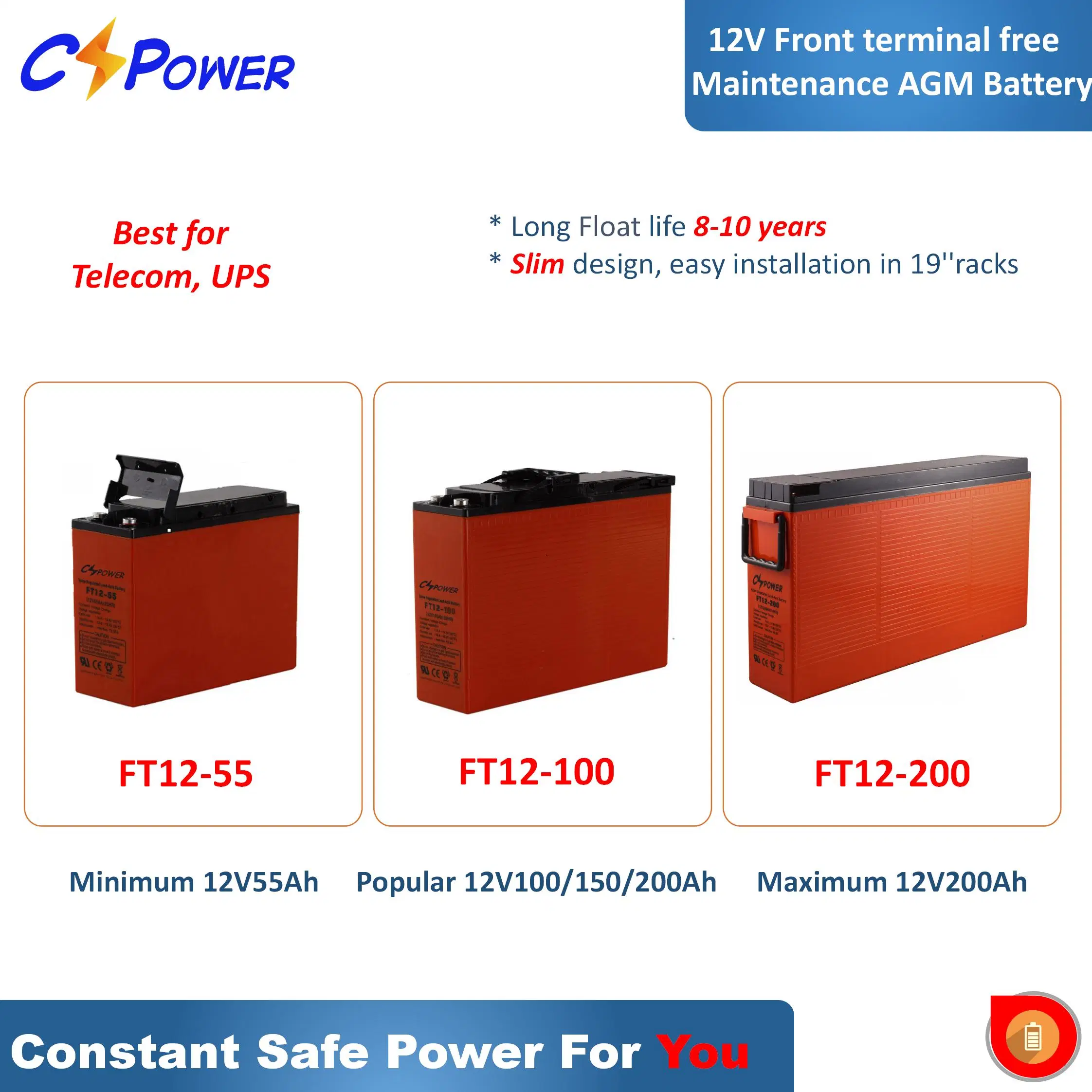 12V175ah Front Terminal AGM Telecom Battery VRLA OEM