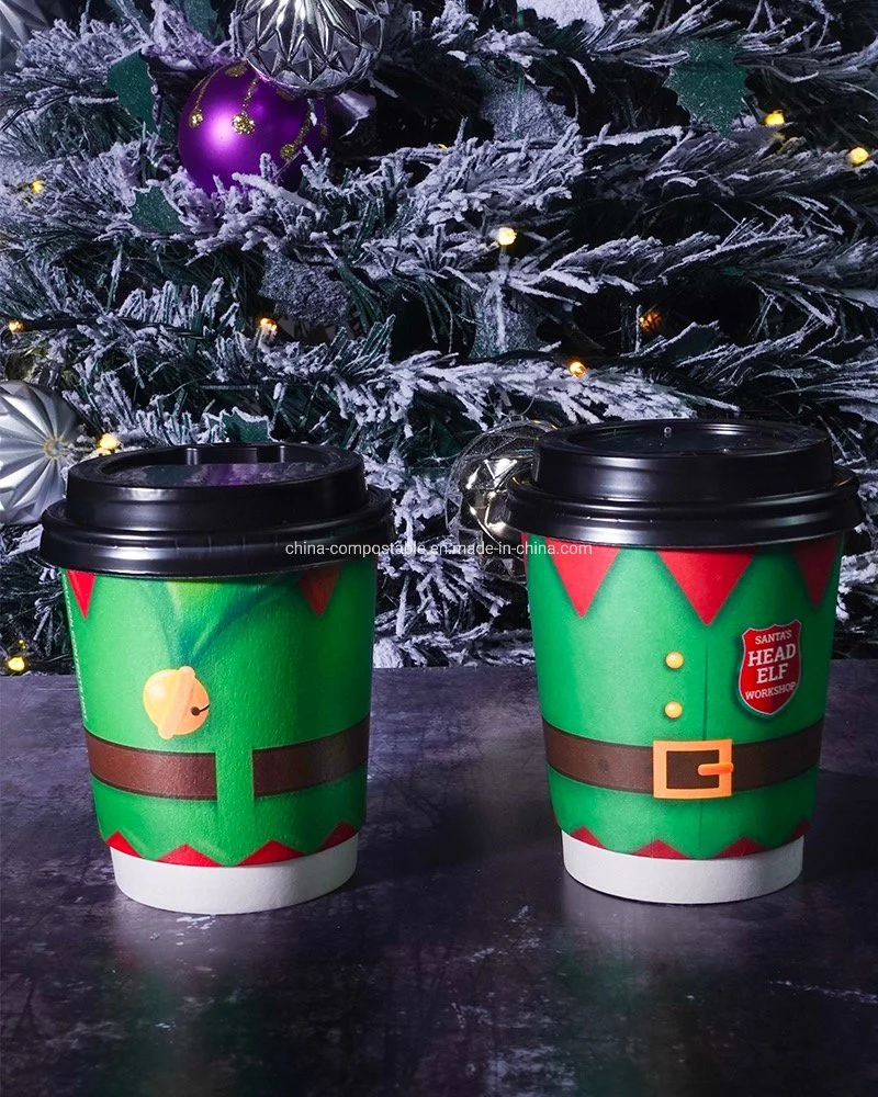 Hersteller Custom PLA beschichtet Einweg-Kaffee-Tasse 6 8 12 16oz Weihnachts-Papierbecher Weihnachts-Dekoration Geschirr Papierbecher