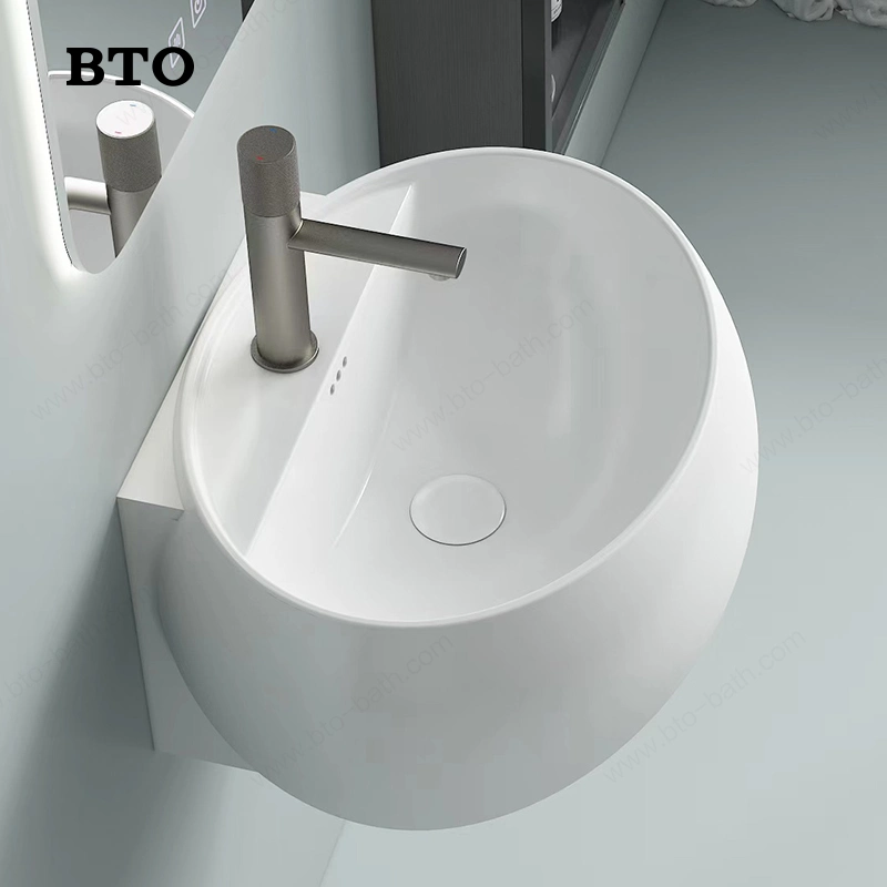 Bto Ceramic New Design Sanitary Ware Wall Mounted Hand Wash Sink Bathroom Egg Shape Wall Hung Basin