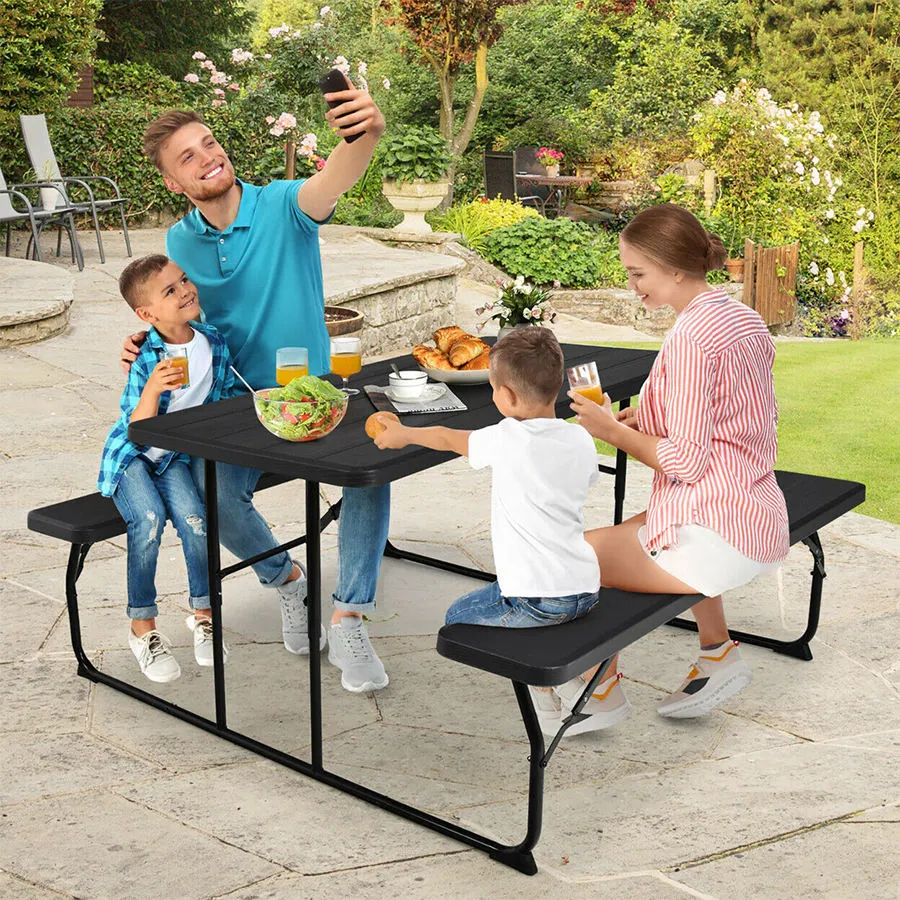 Commercial Outdoor Picnic Garden Black Plastic Folding Table and Bench for 4 Seater