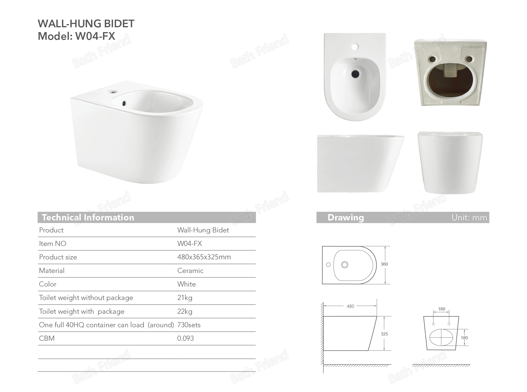 Banheiro principal de design clássico Conjunto completo de vaso sanitário sem borda com bidê de cerâmica e descarga de 3/4.5L.