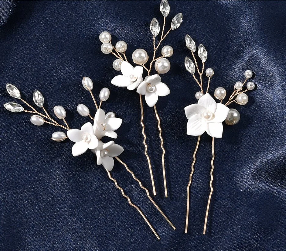 Bridal Wedding Clay Hair Stick Hair Pin. Bridal Rhinestone Porcelain Flower Hair Pin Hair Accessories. Wedding Porcelain Flower Hair Stick Headpiece 3PS/Set