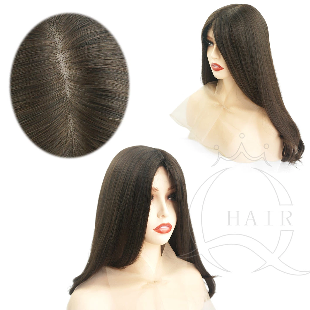 Virgin Hair C18 polegada China Ortodoxa religião cabelo humano para Kosher All Hand Ted Long Silk Top Wig Big Layer Castanho escuro com 1 polegada de tamanho grande de onda de densidade pesada