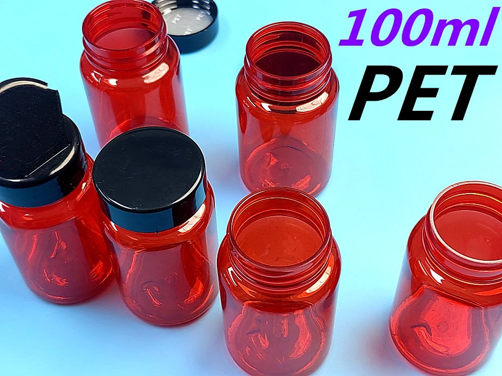 Hot Sale barato 100cc 150cc Red transparente Tablet botella mascota Cápsulas de plástico para medicamentos envase farmacéutico con sello de inducción Forro