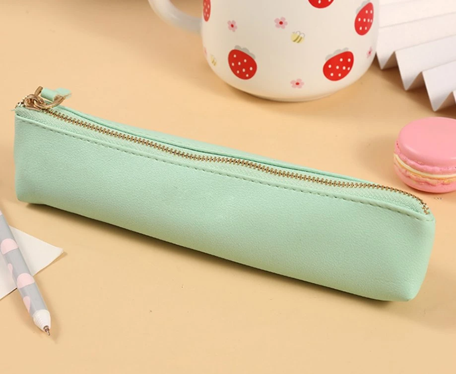 Plain Color PU Student Pencil Case Zipper Stationery Pouch Pen Bags