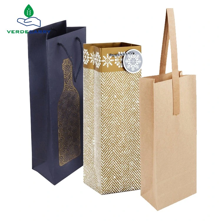 Custom Print Kraft Wine Paper Bag Recyclable Single Wine Bottle Bags Luxury Gift Paper Carry Bag