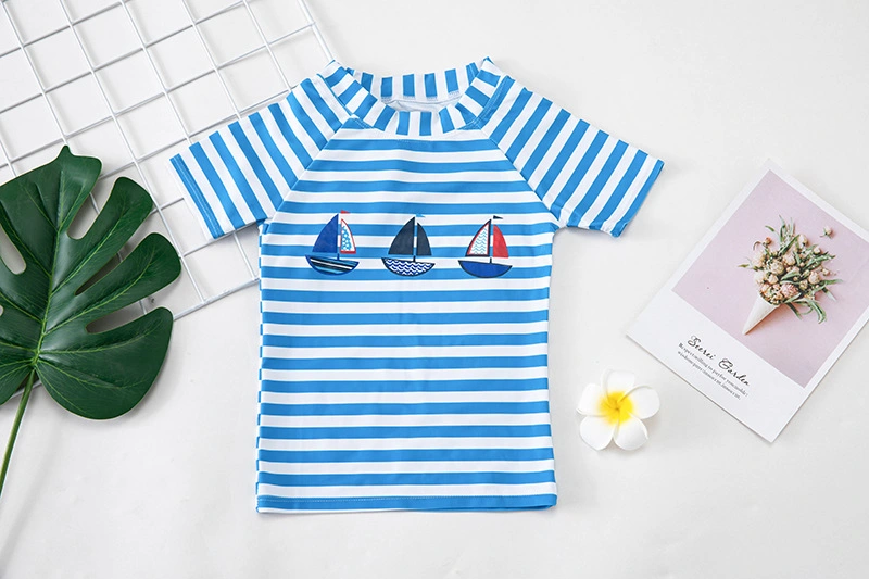 Kids Boy Short Sleeve Swimsuit 3PC Swimwear Set Child Swim Shirt+Trunk+Cap Baby Swimsuit Navy Wind Blue/Whtie Stripe Sailboat Split Rash Guard Bathing Suit 2-16