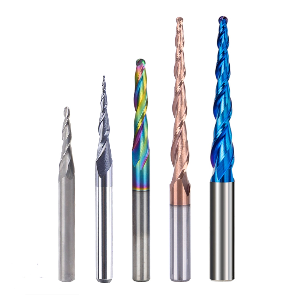 Weix Tisin End Mill Coating 2 Flutes Taper Ball Nose End Mill 3.175-6mm Shank Solid Carbide 3D Engraving Milling Cutter for Woodworking Carving