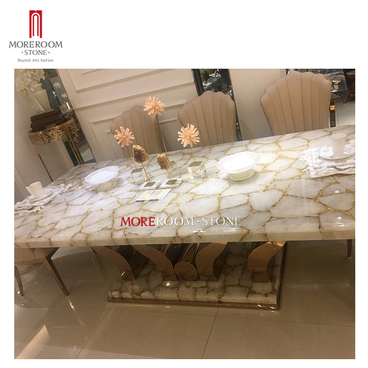 Home Furniture 8 Seater Golden Foil Inlay Natural Quartz White Crystal Round Countertops