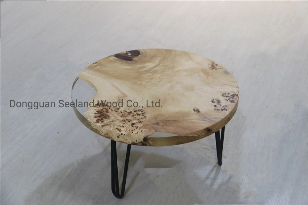 Custom Poplar Burl Wood Texture Epoxy Round Coffee Table for Modern Furniture