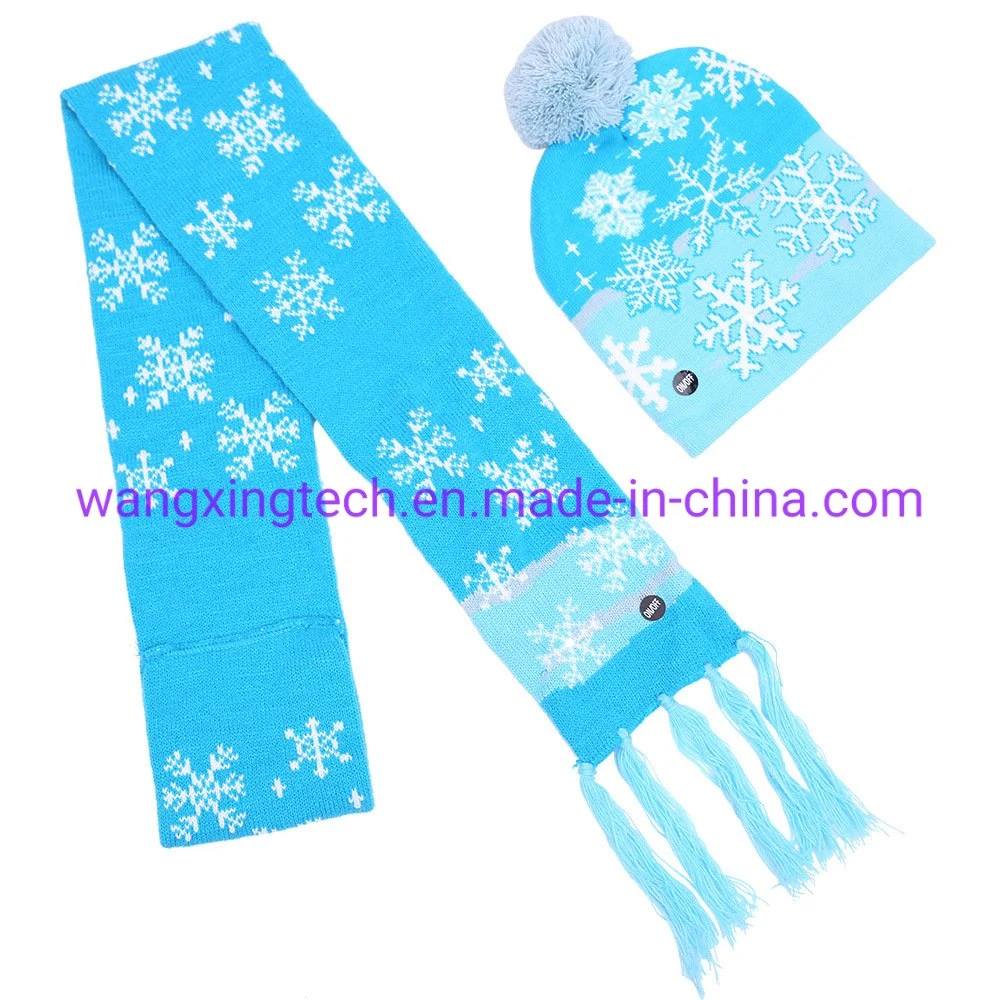 Wholesale/Supplier Christmas Beanie Hat Adult Children Colorful Ball Hat Scarf Christmas LED Lights Knitted Hat Winter Caps and Scarf 2 Piece Set