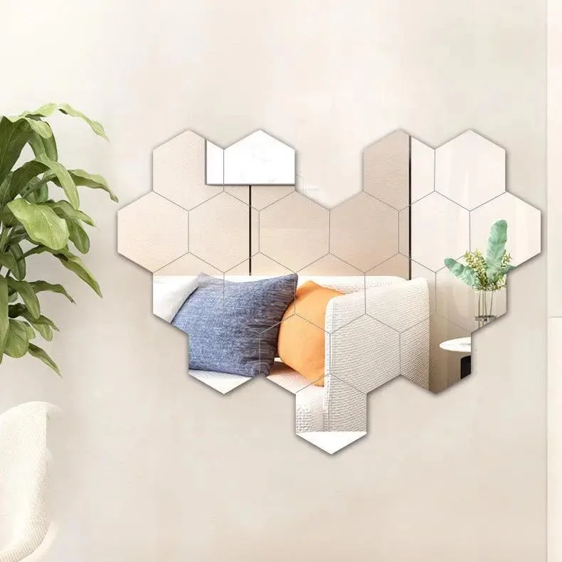 3D Self Adhesive Geometric Hexagon Silver Glass Mirror Modern Tiles Livingroom Background Wall Decor