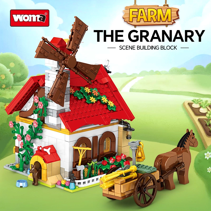 Woma Toys 12108 الأطفال التعليم عربة منزل الحصان مبنى موضوع القرميد الحيوانات مزرعة الجرانري البلاستيك لعبة التعليم الفكري