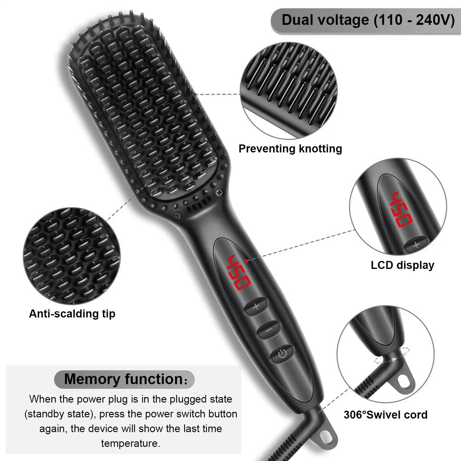 Multi Functional 3 in 1 Temp Control Hair Beard for Women Men Versatile LCD Display Electric Straightener Brush Comb