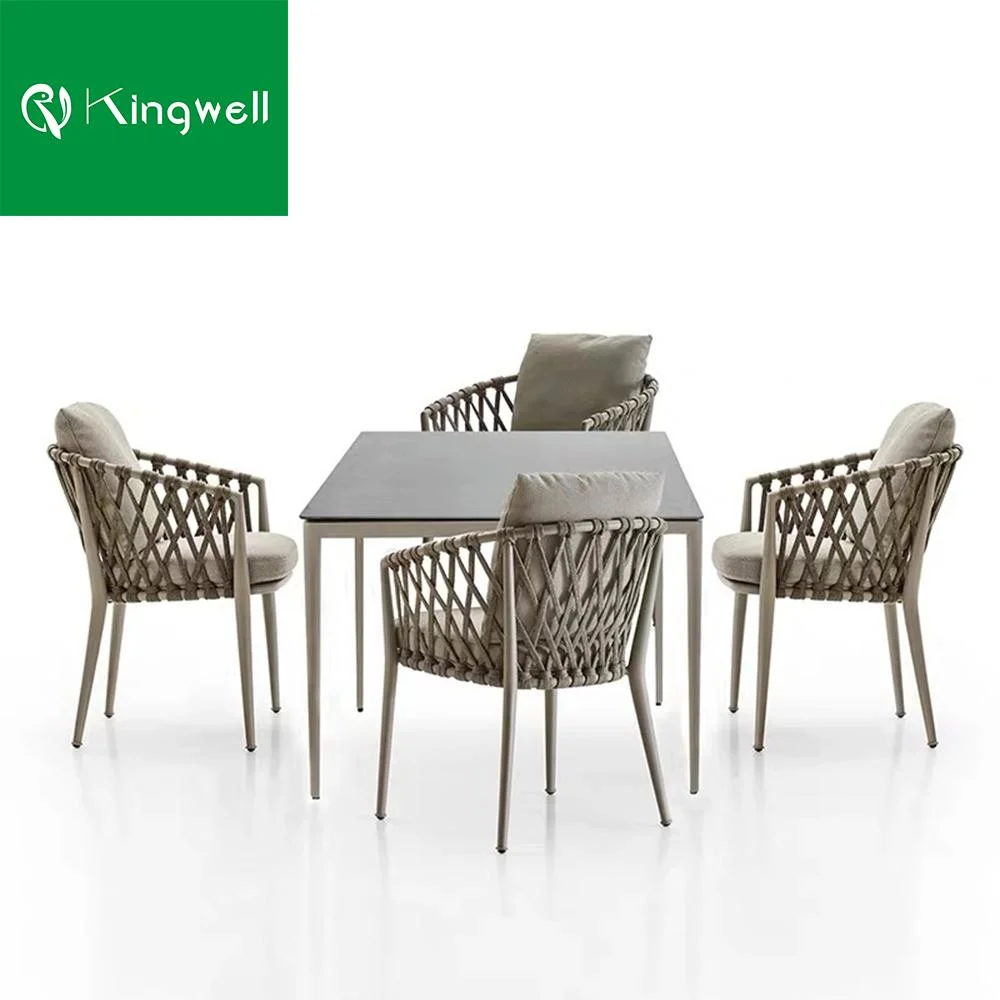 French Teak Wood Dining Table with 4 Champagne Rope Chairs