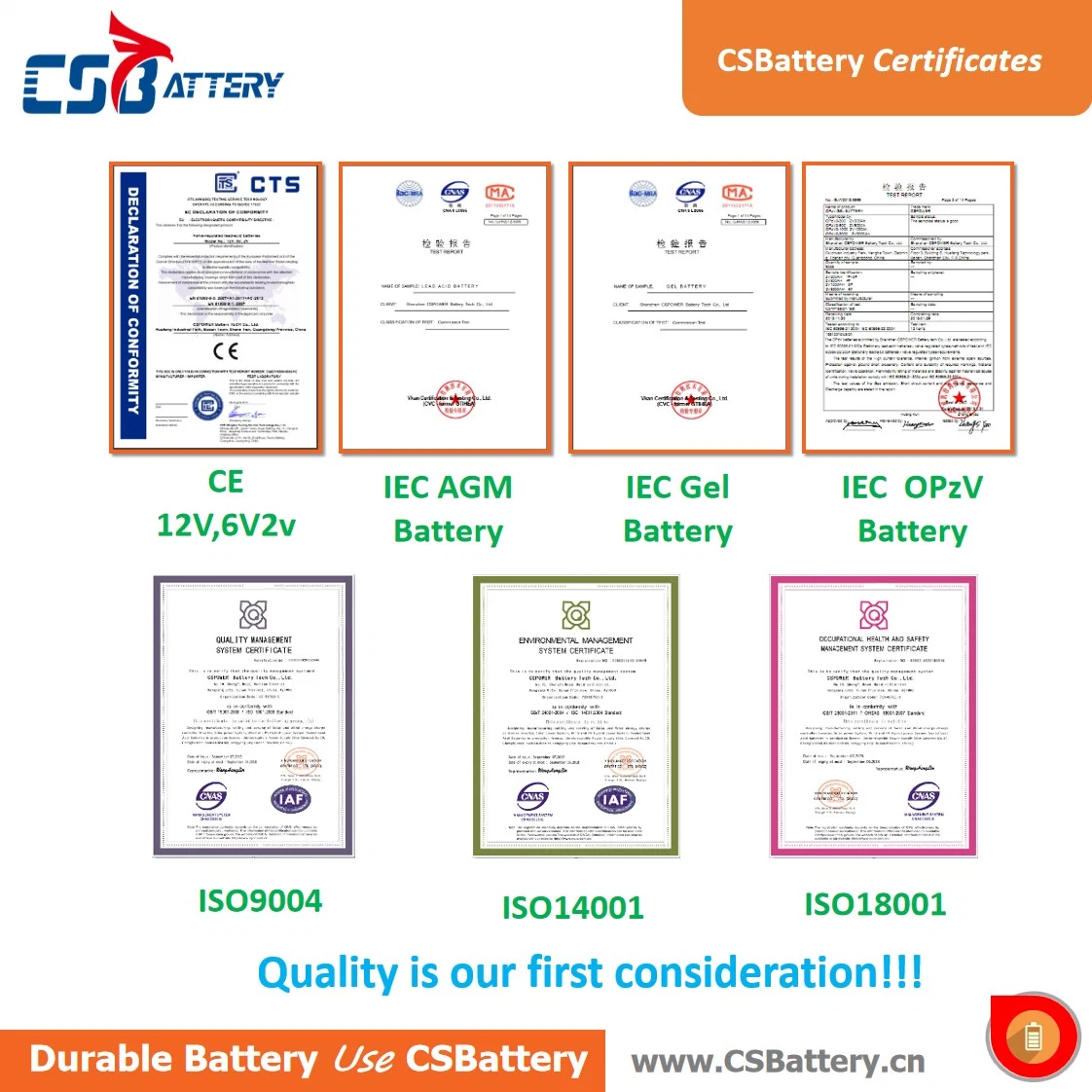 Csbattery 12V200AH Batería Recargable Gel Deep-Cycle CE IEC ISO para Solar/Inversor/Power-Tool/Fuente de Alimentación/OSC