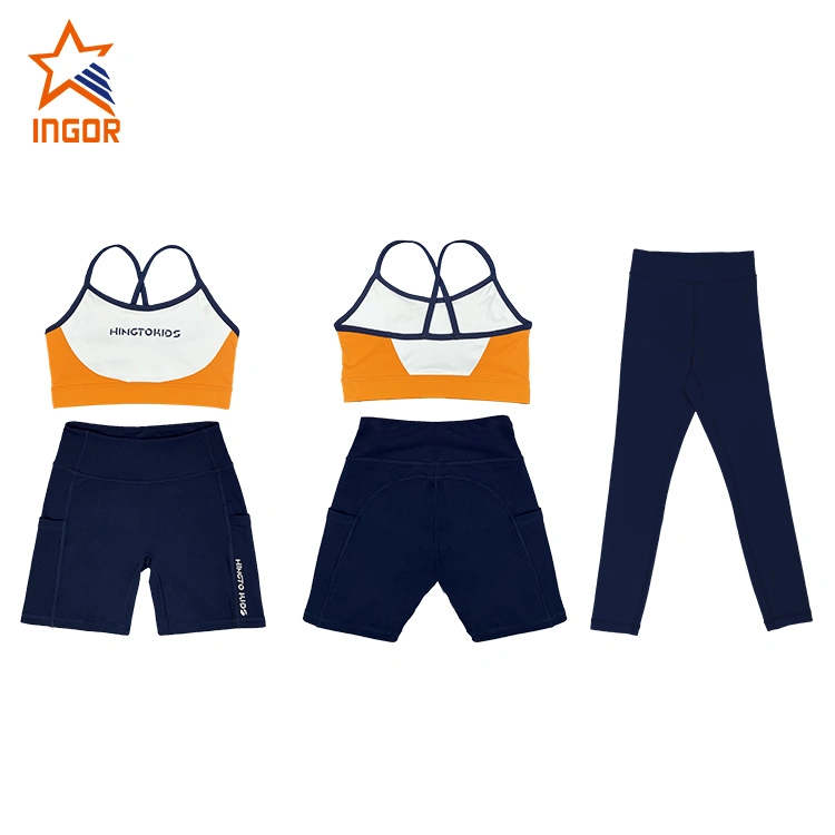 Ingorsports Kinderbekleidung 3cm Silikon Washing Label BH &amp; Shorts &amp; Leggings Sets Kinder Sportbekleidung