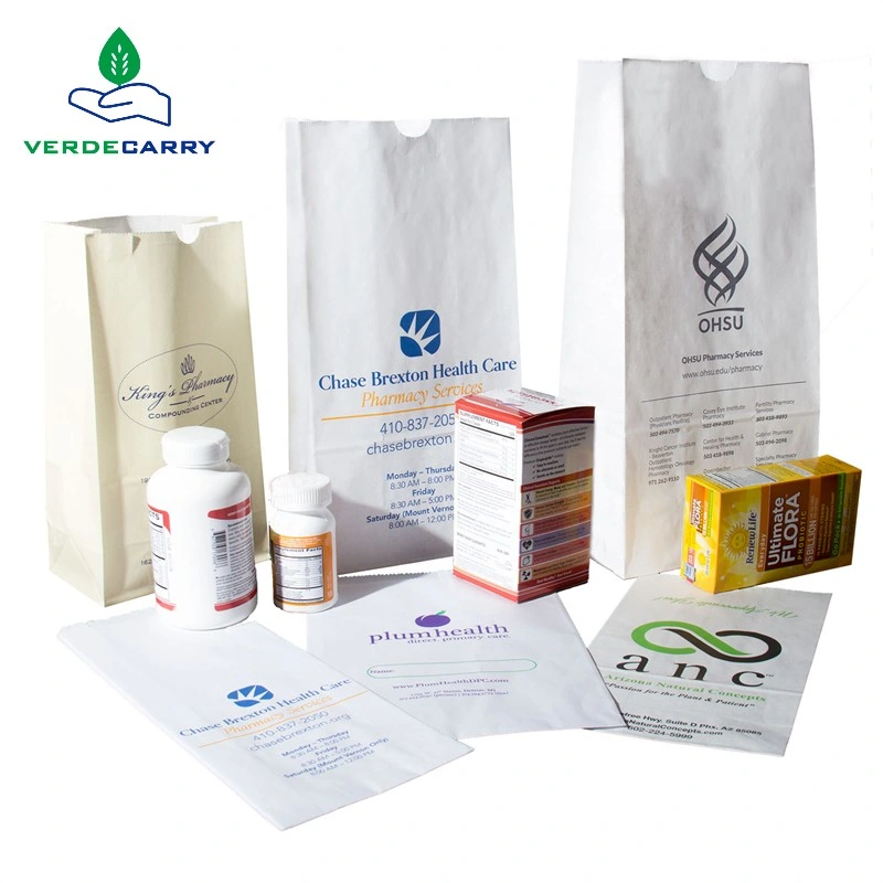 Custom Printed Logo Pharmacy Medical Sickness with Handles Carrier White Kraft Paper Bags for Medicine