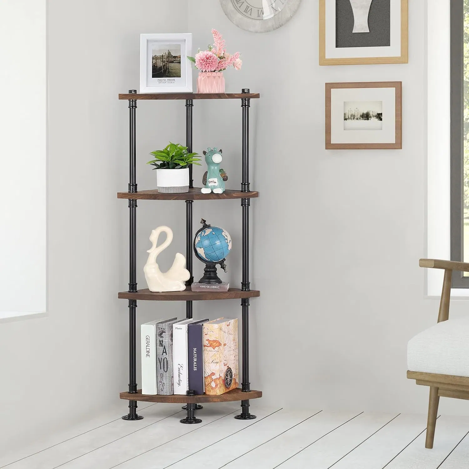 Industrial Shelves 4-Tier Pipe Corner Shelves for Living Room Bedroom Bathroom Kitchen