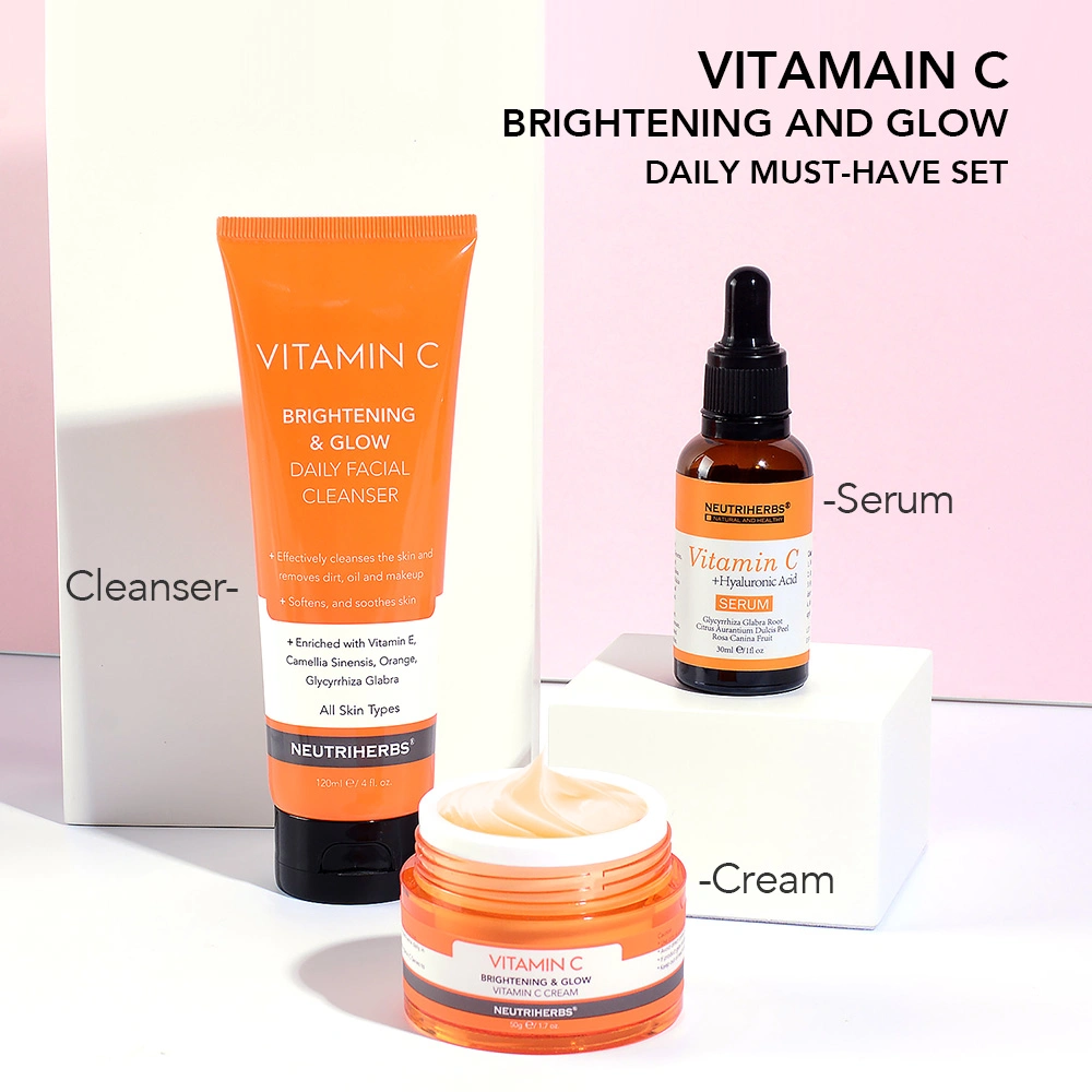 Heißer Verkauf Hautpflege OEM Vitamin C für dunkle Flecken Antioxidans Glowing Face Serum Haut Set