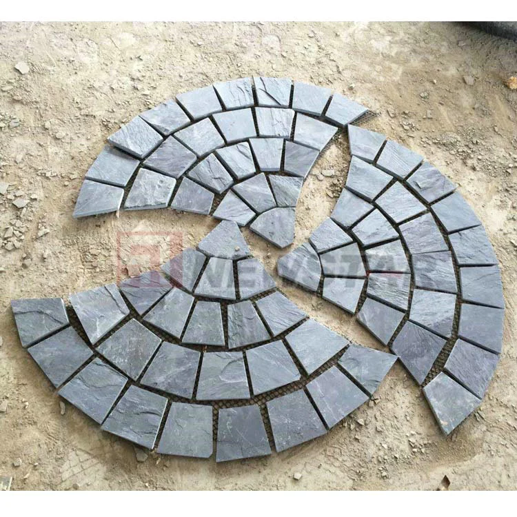 Fan Shape Design Cobblestone Natural Stone Price Slate Tile Floor Tile Paving Stone on Mesh