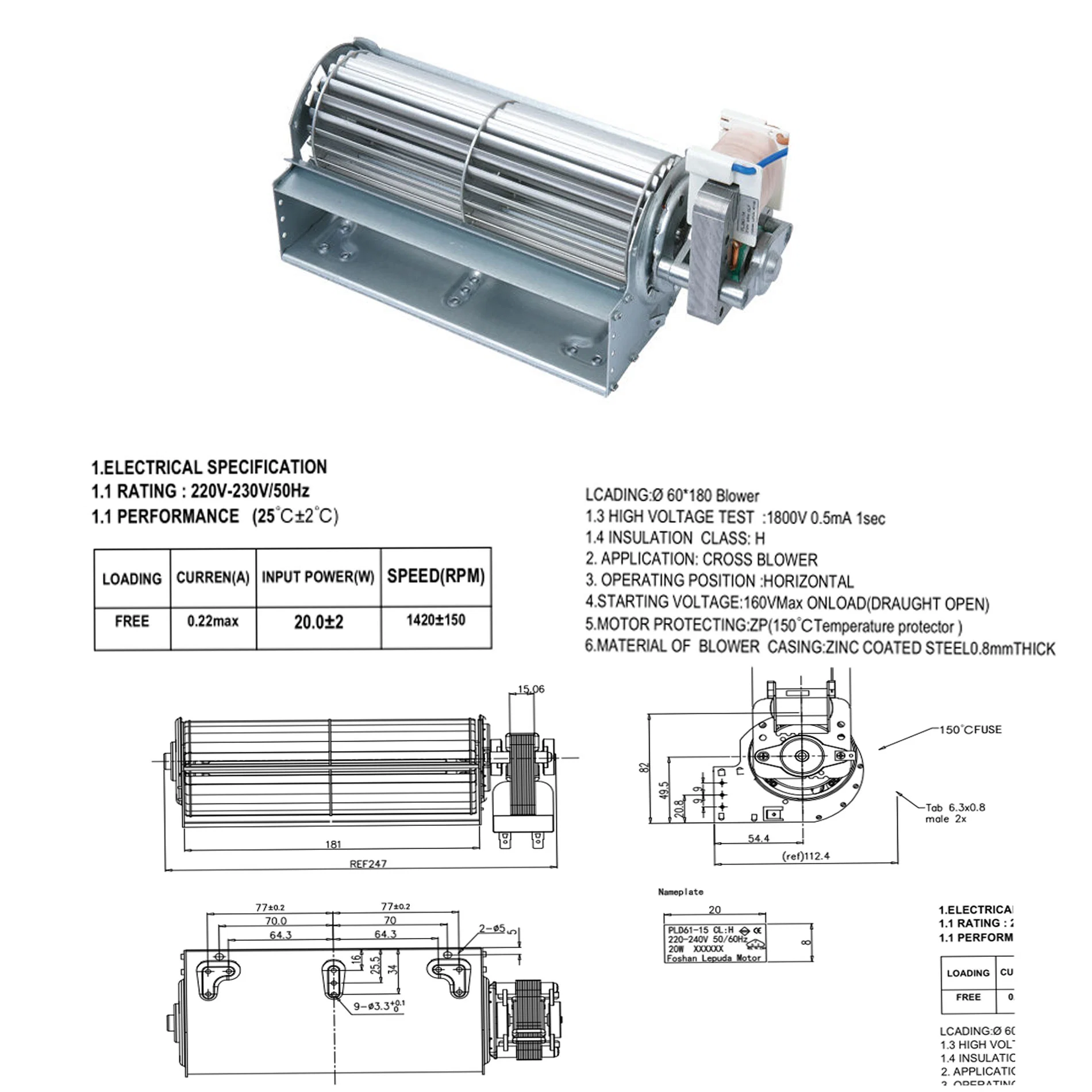 Big Airflow AC Electrical Motor with Fan for Air Conditioner/Cross Flow