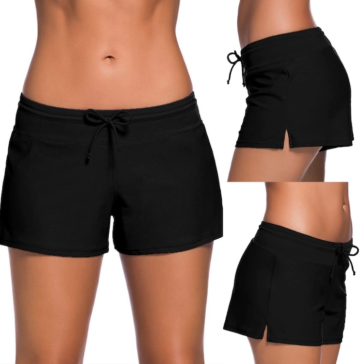 Womens Basic Style Board Shorts, Plus Size Black Serial Summer Beach Short Pants, Custom Logo Boardshorts Swimming Bottom Panty Tankini Underwear