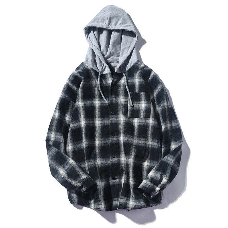 Winter Plaid Vintage Long Sleeve Casual Streetwear Button Dress Flannel Shirts Men with Hood