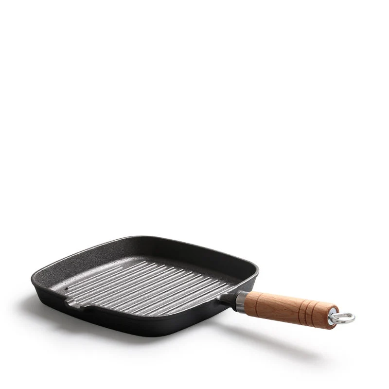 Square Grill Pan BBQ Skillet Cast Iron Frying Pan with Wood Handle Utensils