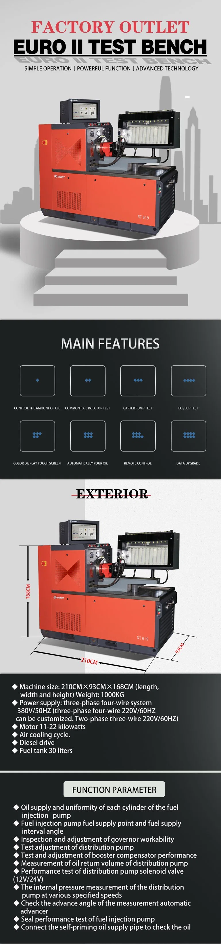 Lab Diesel Conventional 12 Cylinders Injection Pump Test Equipment Nt619 with Electronic Injector Testing, Eui Eup Testing and Cam Box with Bip Function