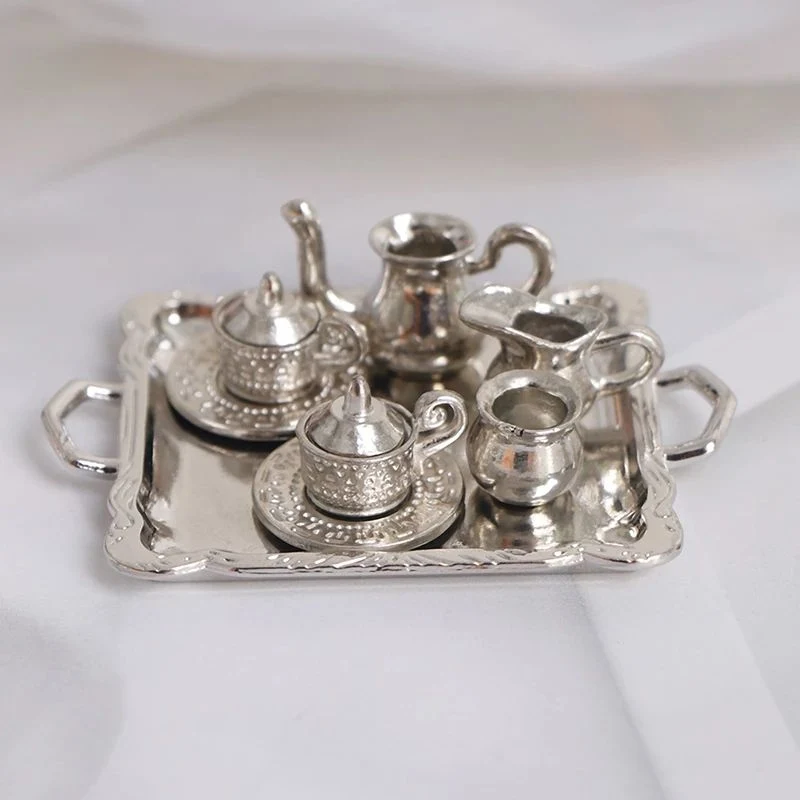 Dollhouse miniatura Plata Metal té Café bandeja vajilla juego para Decoración Dollhouse