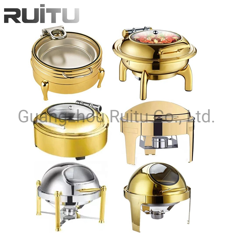 Hotel Restaurant Golden Chefing Dishes Round 6L Luxury Banquet Party Catering Equipment Chafer Gold Buffet Ware Set Catering Food Warmer Roll Top Chafing Dish