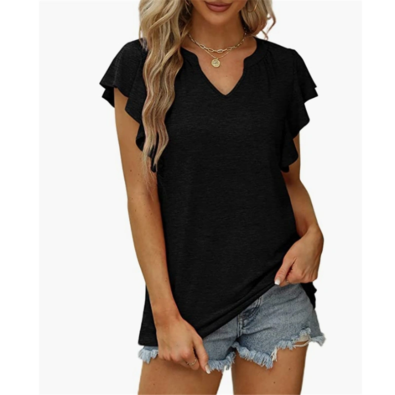 SS mujeres Nueva Moda Amazon mangas con volantes V-cuello de manga corta holgada Ropa de camiseta superior