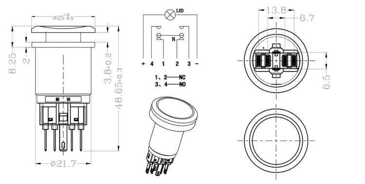 2022 Botón Interruptor de acero inoxidable de 22mm gran cabeza 1n1nc anillo momentánea de LED para wc con el botón de contacto