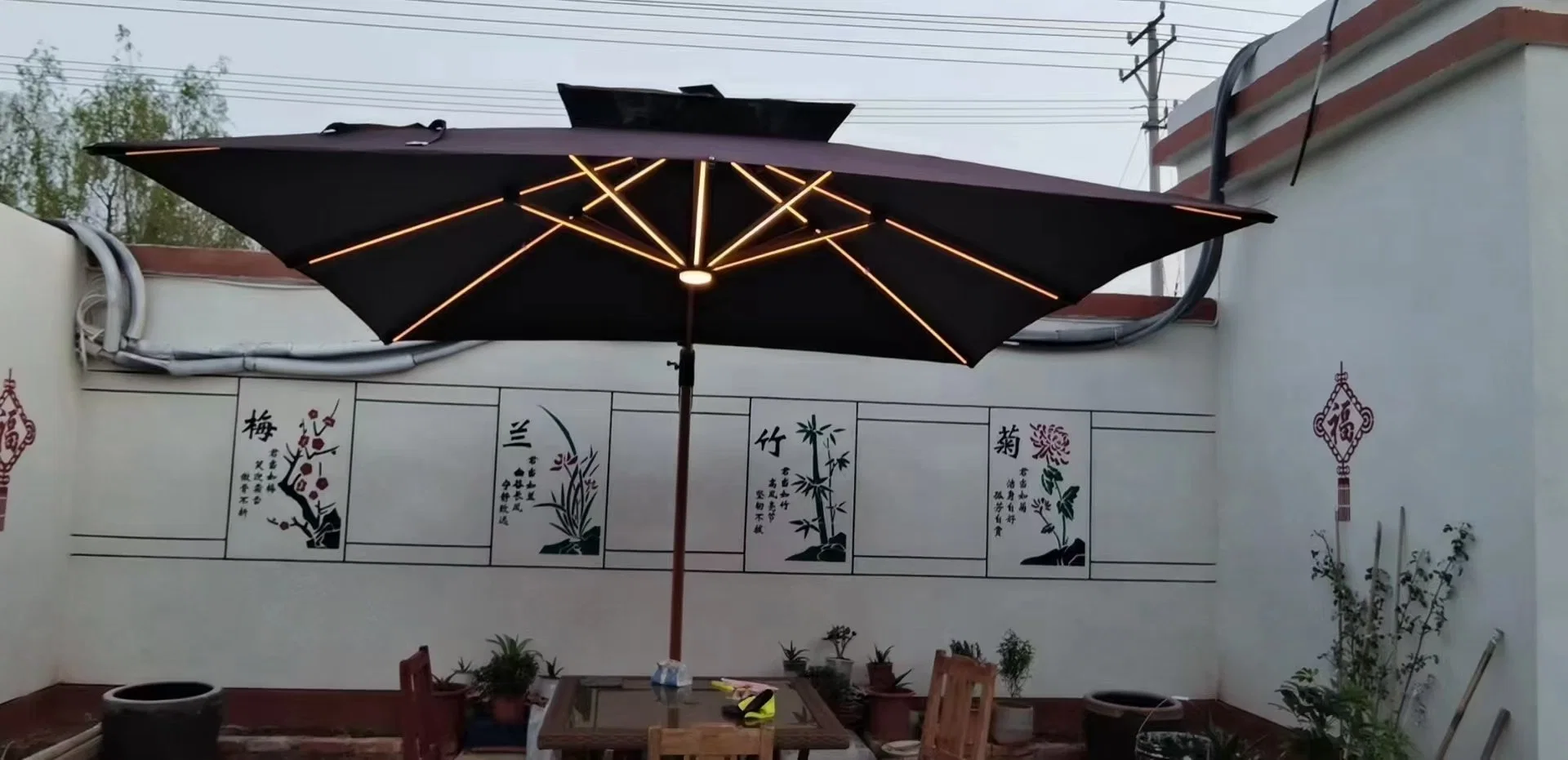 Wood Look LED Light Warm Light Roman Umbrella Outdoor Furniture