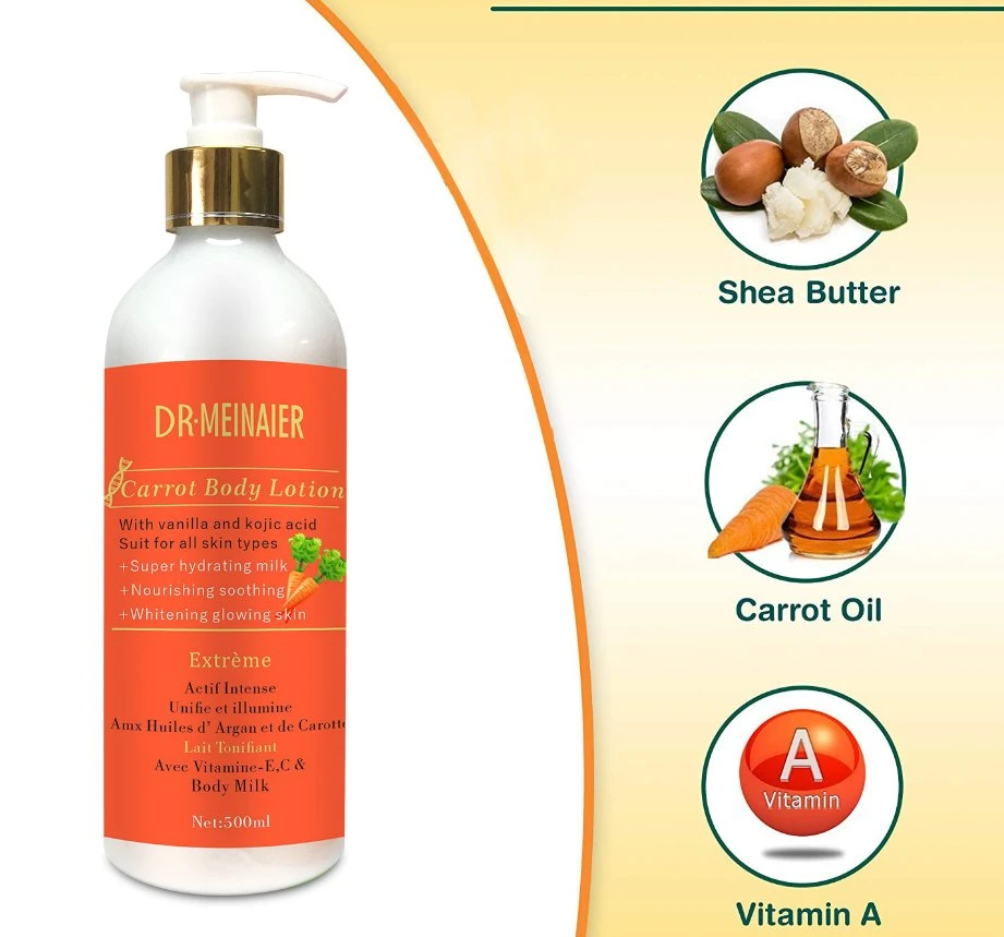 Online Großhandel auf Lager Pivate Label Body Lotion Carrot Lotion Körpermassage Milch Feuchtigkeitsspendende Lotion Feuchtigkeitsspendende Hautcreme 500ml