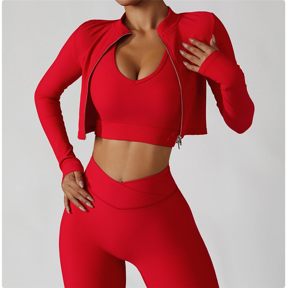 Veste de sport pour femmes, chemises de yoga, haut de gym, fermeture éclair, coupe ajustée, vêtements de course, deux pièces pour entraînement physique.