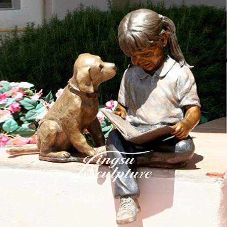 Accueil décoration de jardin Prairie Fille de bronze de format personnalisé de la lecture de la sculpture avec Statue de chien de petite taille