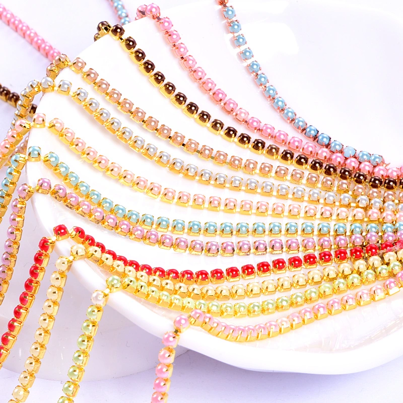 Ss8 Pearls Rhinestones Chain Colorful Round ABS Pearls Chain Gold Base Cup Beauty Accessories for DIY Garments
