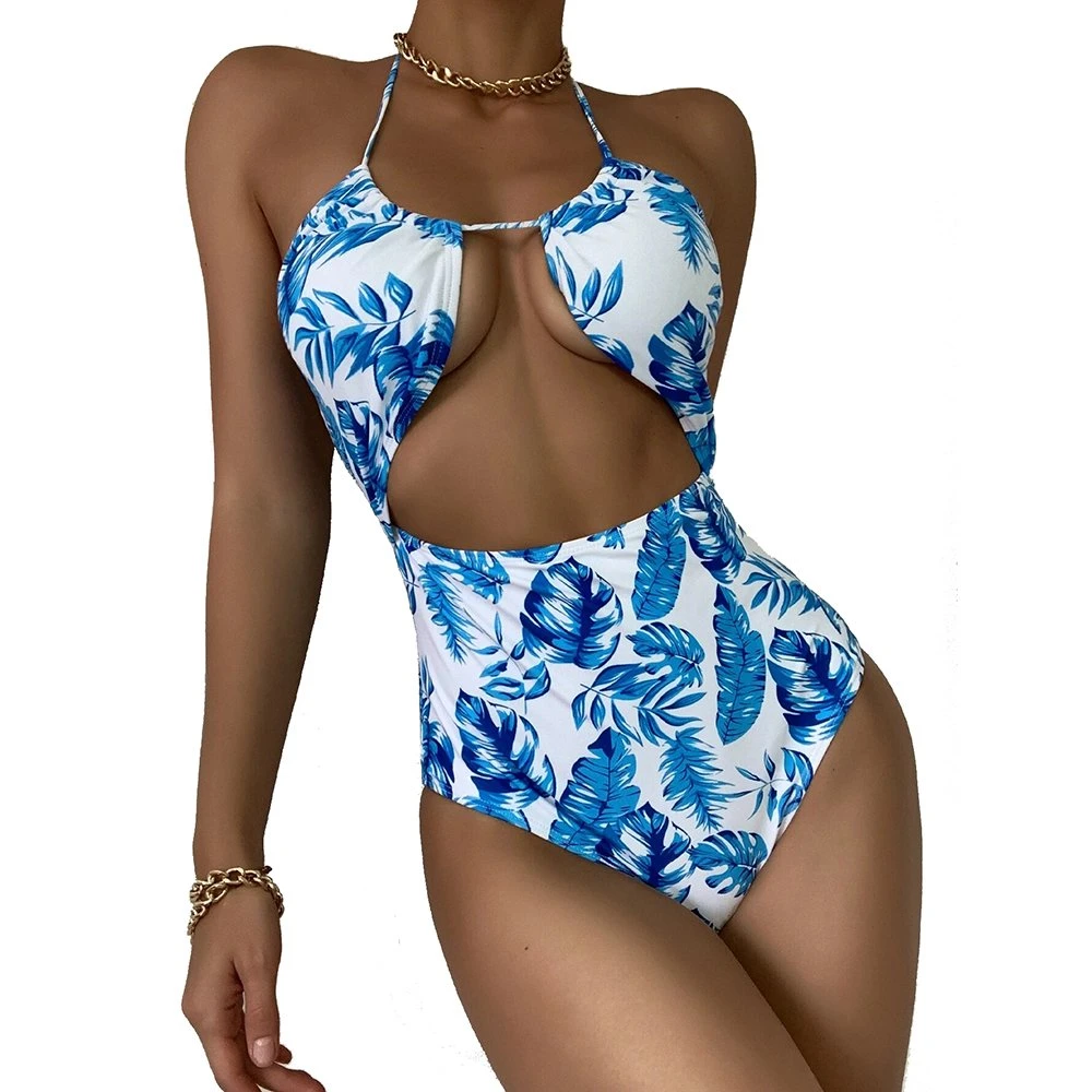 1 Piece Halter Bikini Printed Sexy Women's Swimwear Backless Girls Bathing Suit Beachwear