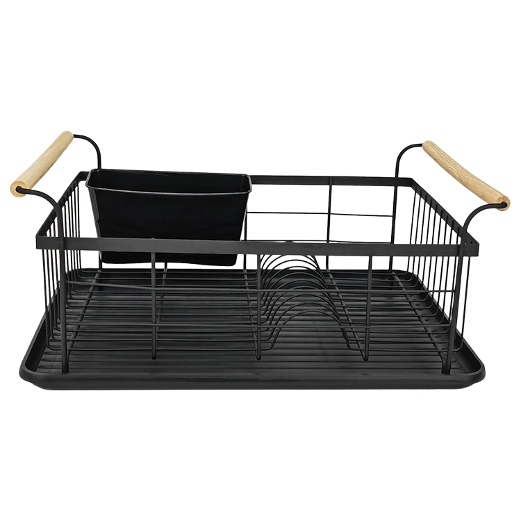 Kitchenware Metal Storage Shelf Plate Rack Dish Drainer Dish Drying Rack with Wood Handle