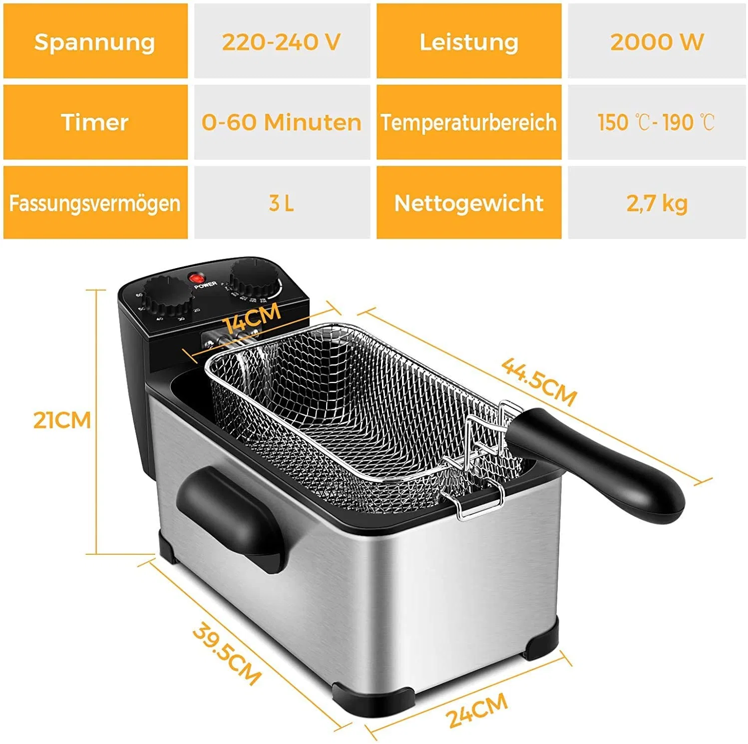 2023 New 2000W 3L Electric Deep Fryer with Frying Basket