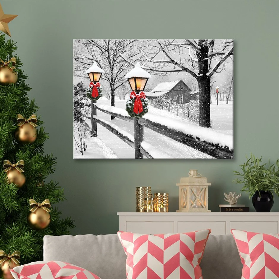 LED Light Canvas Wall Art for Gift and Home Decoration Snow Landscape Printing Design on Light Canvas Painting