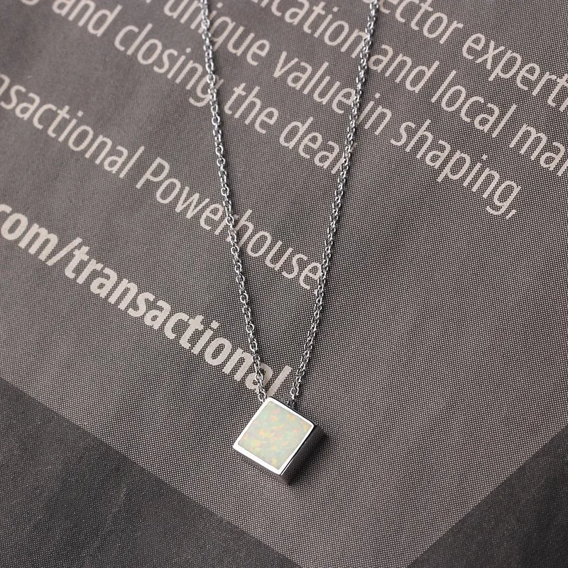 Costume Jewelry Simple Casual Blue Opal Square Pendant Necklace 925 Sterling Silver Jewelry Wholesale