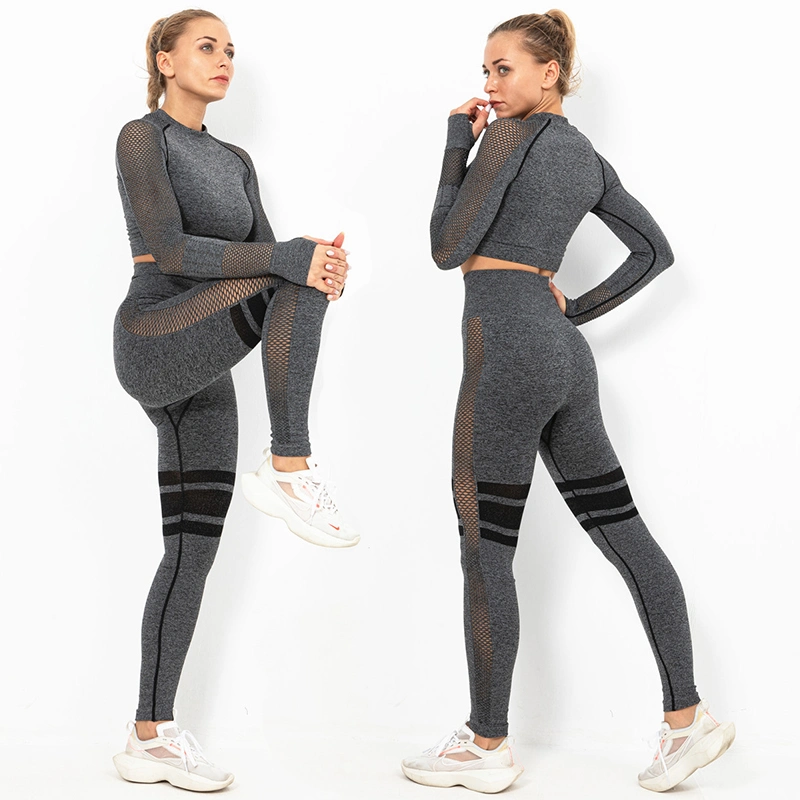 Nuevo diseño elegante Slim Fit Chándal perfecta establece para las mujeres Camiseta de manga larga sin costuras + Entrenar Leggings con paneles de pura Athletic las prendas de vestir Damas Sportswear