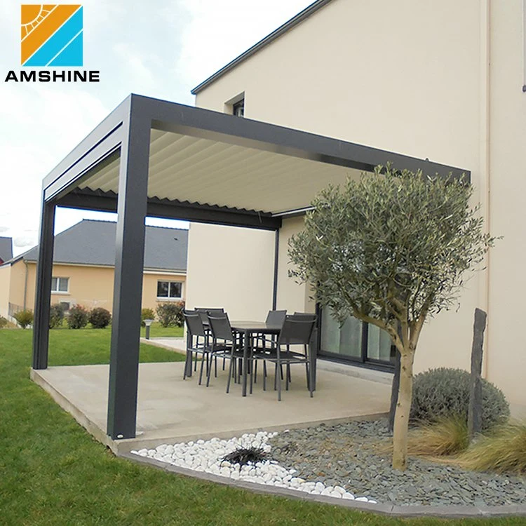 Nuevo Diseño a prueba de huracanes Storm resistencia Gazebo impermeable al aire libre de aluminio toldo motorizado Louvered pérgola cubierta de muebles de patio